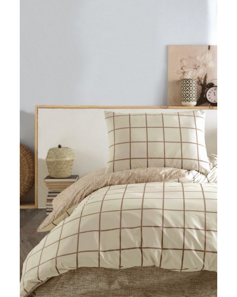Ranforce Tek Kişilik Lastikli Çarşaflı Nevresim Takımı Kare Krem 100 x 200