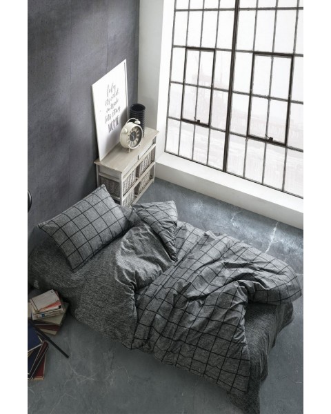 Ranforce Tek Kişilik Lastikli Çarşaflı Nevresim Takımı Kare Siyah 100 x 200