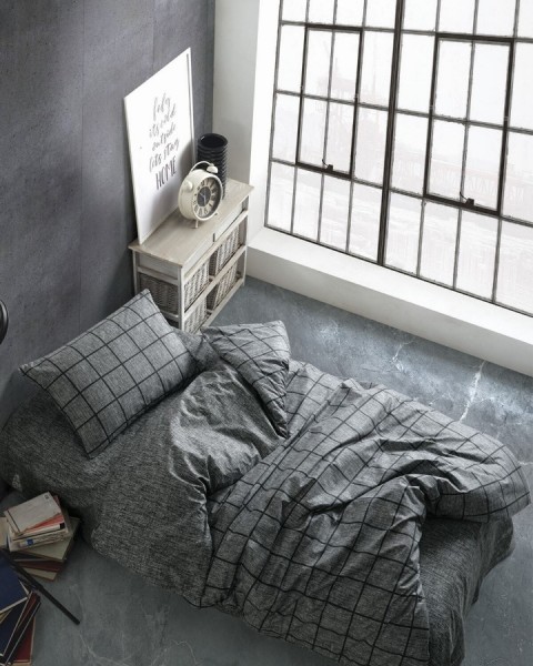 Ranforce Tek Kişilik Lastikli Çarşaflı Nevresim Takımı Kare Siyah 100 x 200