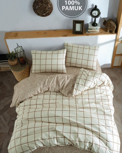 Ranforce Çift Kişilik Lastikli Çarşaflı Nevresim Takımı Kare Krem 200 x 220