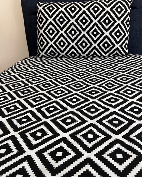 Fitted Lastikli Çarşaf Takımı (YASTIKLI) Tek Kişilik Çift Kişilik Black White Geometrik Desen