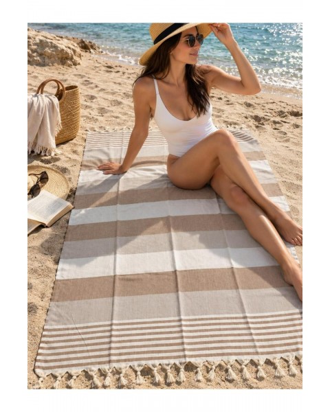 Pamuklu Çizgili Peştemal Saçaklı Plaj Havuz Spa Sauna Spor Seyahat Havlusu 100 x 180