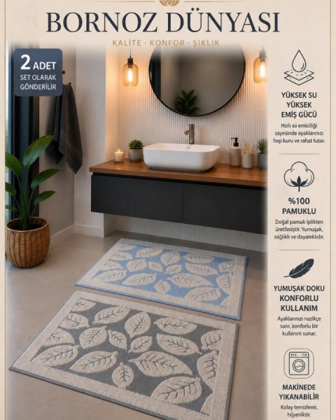2 adet %100 pamuklu naturel ayak havlusu ve paspas 50 x 70