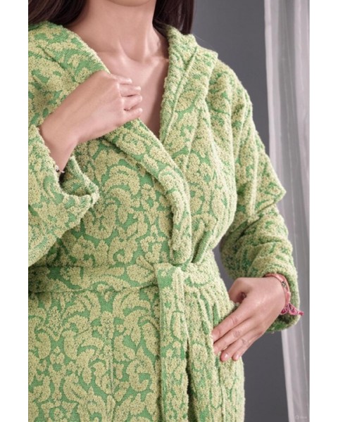 Jakarlı Kapşonlu Bornoz %100 Pamuklu Otantik Bornoz - YEŞİL