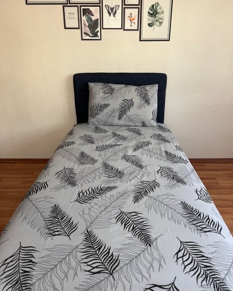 Tek Kişilik Lastikli Çarşaf (YASTIKLI) Takımı Gri Siyah Beyaz Tüy Desen