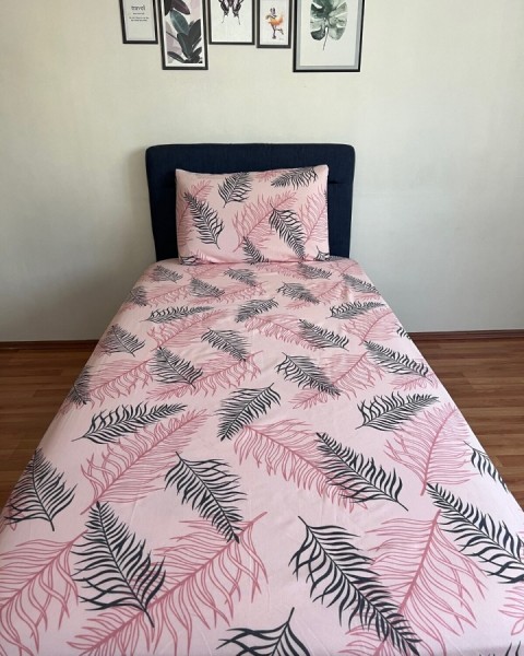 Tek Kişilik Lastikli Çarşaf Takımı Kapaklı Yastık Kılıfı Pembe Siyah Tüy Desen