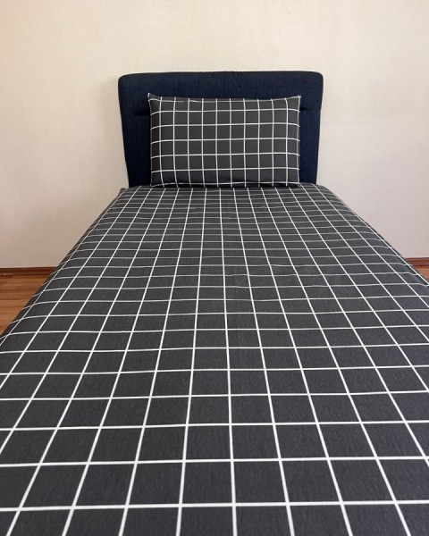 Fitted Lastikli Çarşaf Takımı (YASTIKLI) Tek Kişilik Çift Kişilik Ekose Antrasit