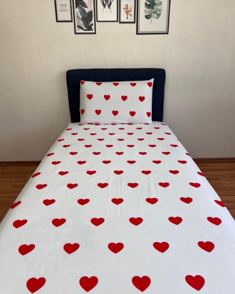 Fitted Lastikli Çarşaf Takımı (YASTIKLI) Tek Kişilik Çift Kişilk Kalpli Kırmızı