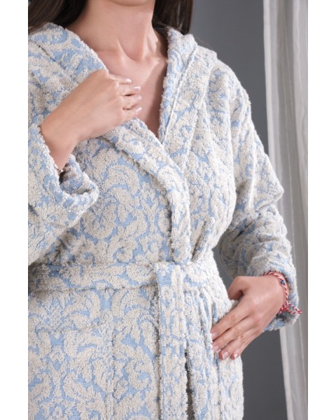 Jakarlı Kapşonlu Bornoz %100 Pamuklu Otantik Bornoz - MAVİ