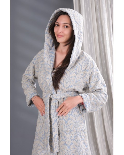 Jakarlı Kapşonlu Bornoz %100 Pamuklu Otantik Bornoz - MAVİ