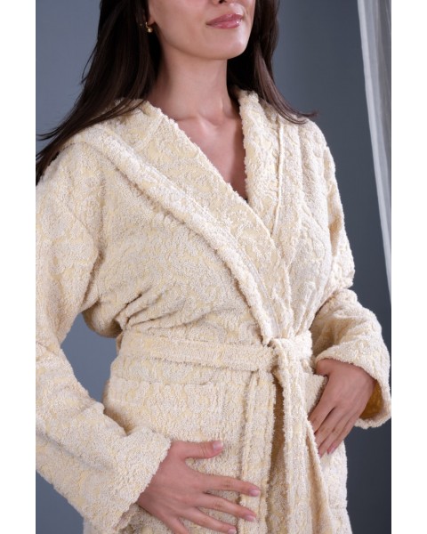 Jakarlı Kapşonlu Bornoz %100 Pamuklu Otantik Bornoz - SARI Jakarlı Kapşonlu Bornoz %100 Pamuklu Otantik Bornoz - SARI