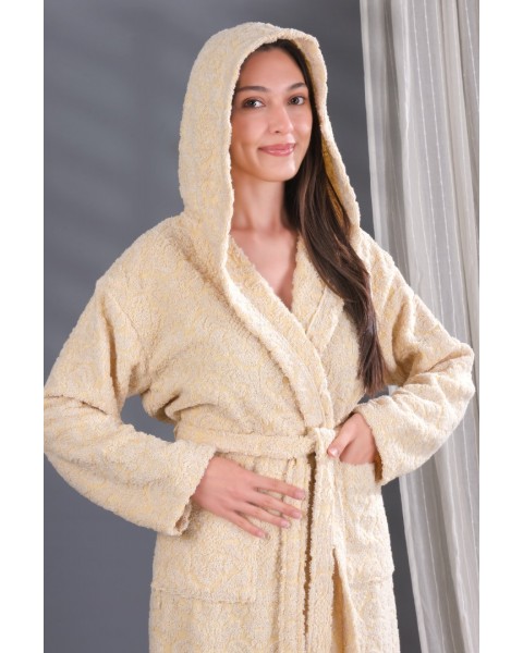 Jakarlı Kapşonlu Bornoz %100 Pamuklu Otantik Bornoz - SARI