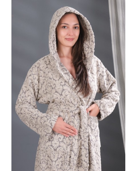 Jakarlı Kapşonlu Bornoz %100 Pamuklu Otantik Bornoz - SİYAH