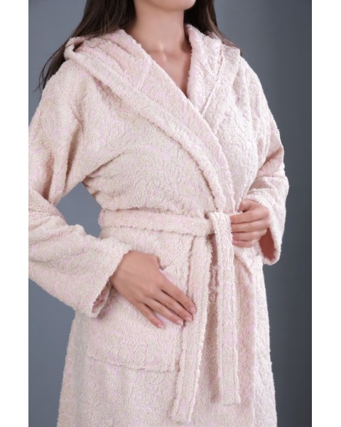 Jakarlı Kapşonlu Bornoz %100 Pamuklu Otantik Bornoz - Pembe Jakarlı Kapşonlu Bornoz %100 Pamuklu Otantik Bornoz - Pembe