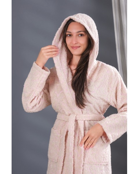 Jakarlı Kapşonlu Bornoz %100 Pamuklu Otantik Bornoz - Pembe