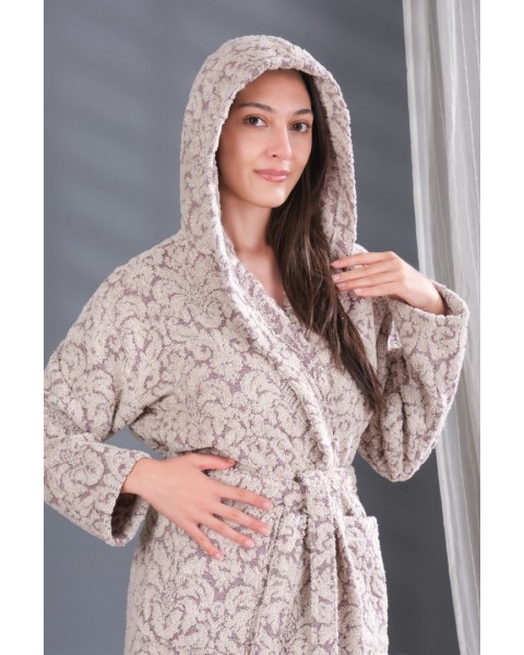 Jakarlı Kapşonlu Bornoz %100 Pamuklu Otantik Bornoz - BORDO