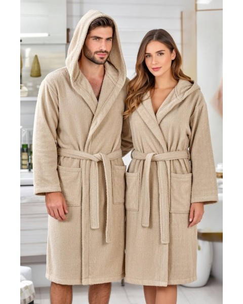 Kapşonlu Bornoz %100 Pamuklu Battal Boy (M-L-XL-2XL-3XL-4XL) BEJ