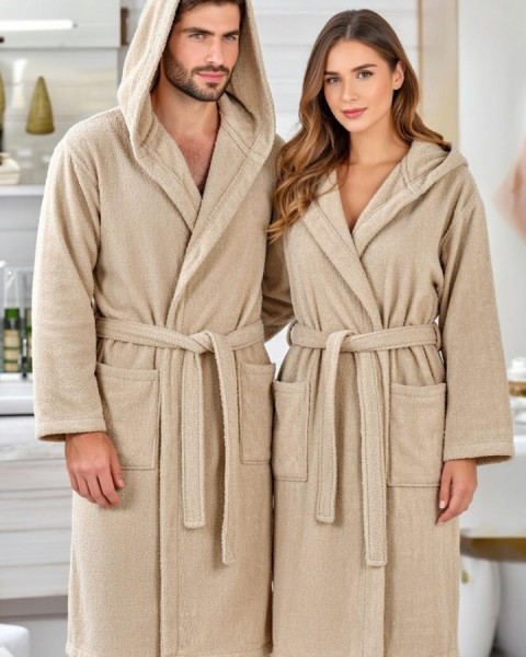 Kapşonlu Bornoz %100 Pamuklu Battal Boy (M-L-XL-2XL-3XL-4XL) BEJ