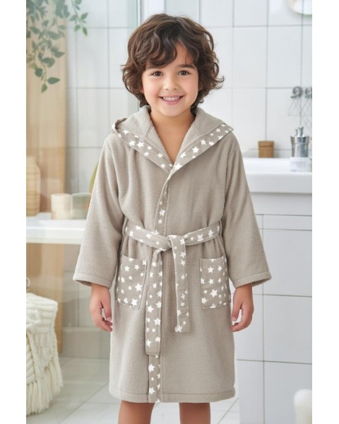 Çocuk Bornozu Kız Erkek Kapşonlu Bornoz %100 Pamuklu Bej