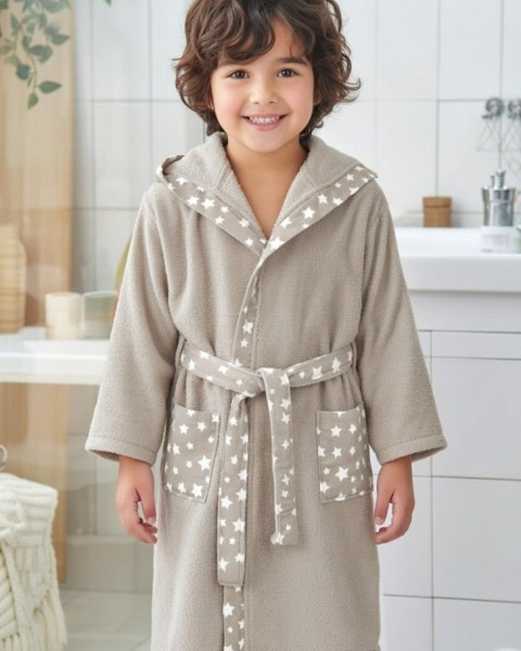 Çocuk Bornozu Kız Erkek Kapşonlu Bornoz %100 Pamuklu Bej