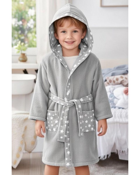 Çocuk Bornozu Kız Erkek Kapşonlu Bornoz %100 Pamuklu gri