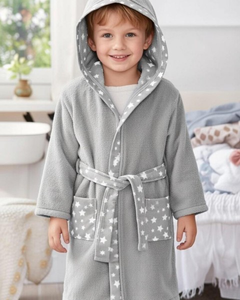 Çocuk Bornozu Kız Erkek Kapşonlu Bornoz %100 Pamuklu gri