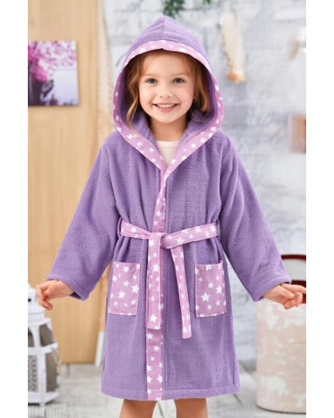 Çocuk Bornozu Kız Erkek Kapşonlu Bornoz %100 Pamuklu LİLA