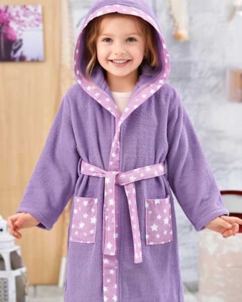 Çocuk Bornozu Kız Erkek Kapşonlu Bornoz %100 Pamuklu LİLA