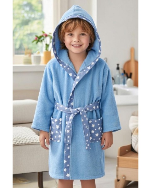 Çocuk Bornozu Kız Erkek Kapşonlu Bornoz %100 Pamuklu MAVİ