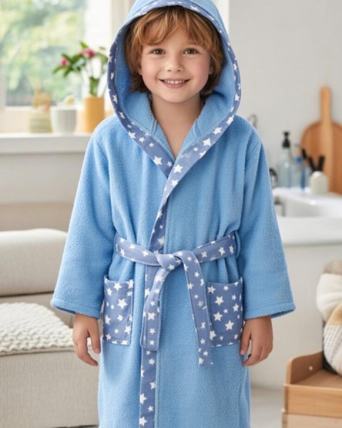 Çocuk Bornozu Kız Erkek Kapşonlu Bornoz %100 Pamuklu MAVİ