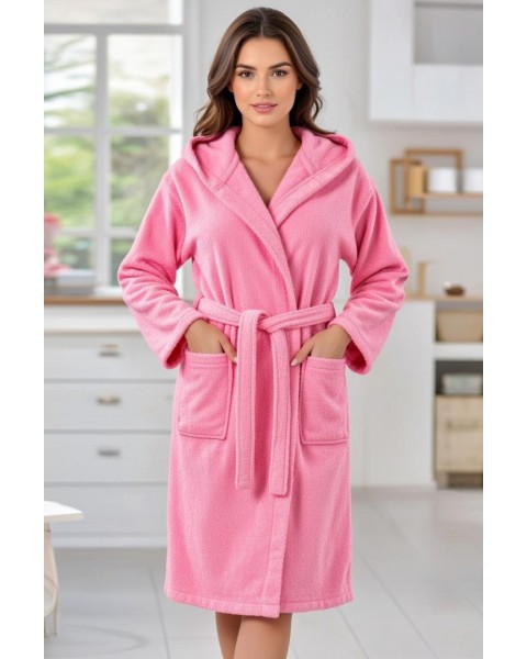 Kapşonlu Bornoz %100 Pamuklu Battal Boy (M-L-XL-2XL-3XL-4XL)  PEMBE