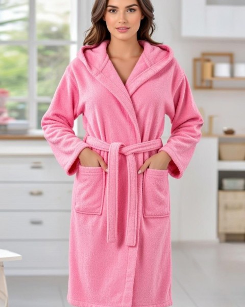 Kapşonlu Bornoz %100 Pamuklu Battal Boy (M-L-XL-2XL-3XL-4XL)  PEMBE