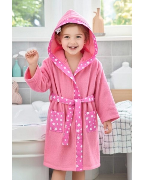 Çocuk Bornozu Kız Erkek Bornoz Kapşonlu Şapkalı Bornoz PEMBE