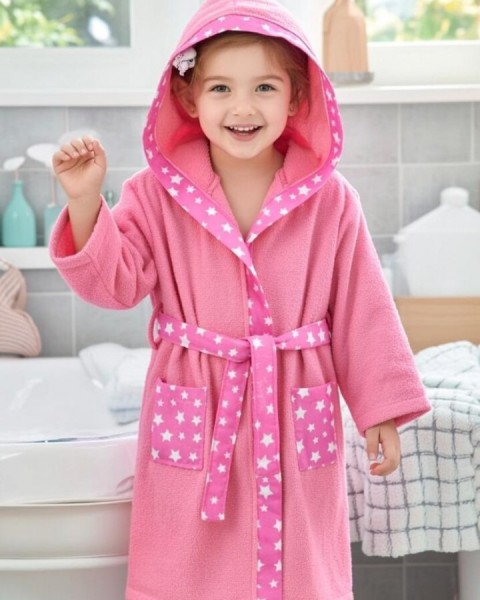 Çocuk Bornozu Kız Erkek Bornoz Kapşonlu Şapkalı Bornoz PEMBE