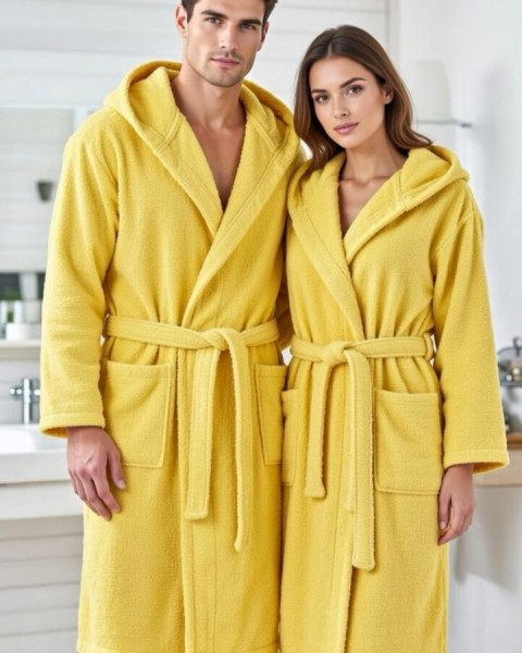 Kapşonlu Bornoz %100 Pamuklu Battal Boy (M-L-XL-2XL-3XL-4XL) SARI