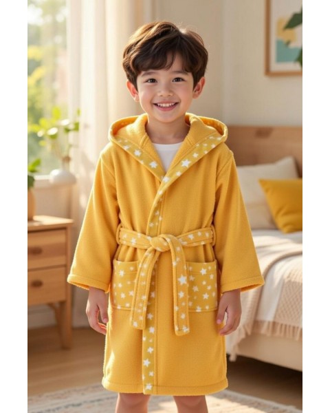 Çocuk Bornozu Kız Erkek Kapşonlu Bornoz Pamuklu SARI