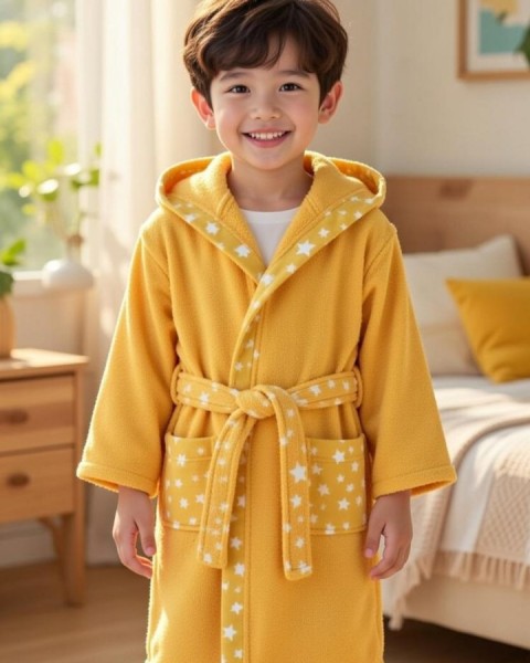 Çocuk Bornozu Kız Erkek Kapşonlu Bornoz Pamuklu SARI