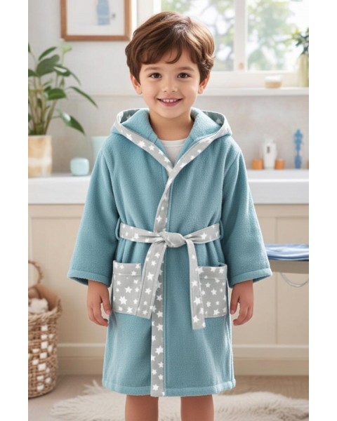 Çocuk Bornozu Kız Erkek Kapşonlu Bornoz %100 Pamuklu yeşil