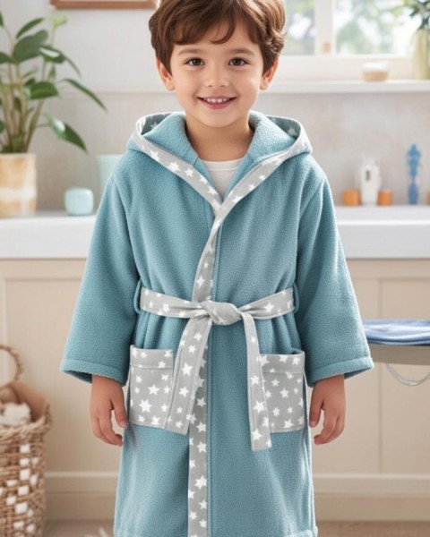 Çocuk Bornozu Kız Erkek Kapşonlu Bornoz %100 Pamuklu yeşil