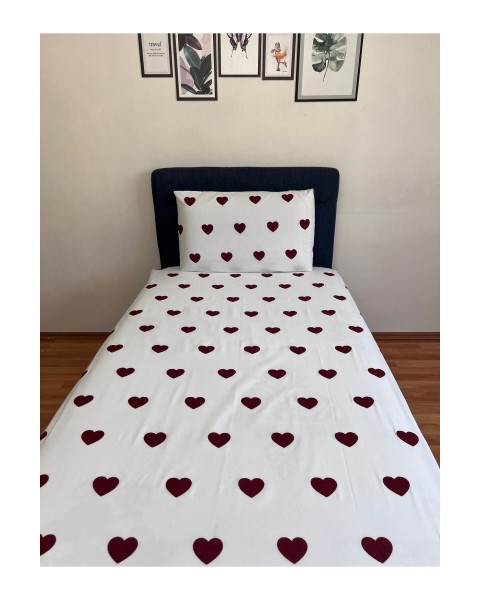 Amour Tek Kişilik Lastikli Çarşaf Takımı Kapaklı Yastık Kılıfı Bordo Kalpli 100 x 200 100 x 200  bordokalpli