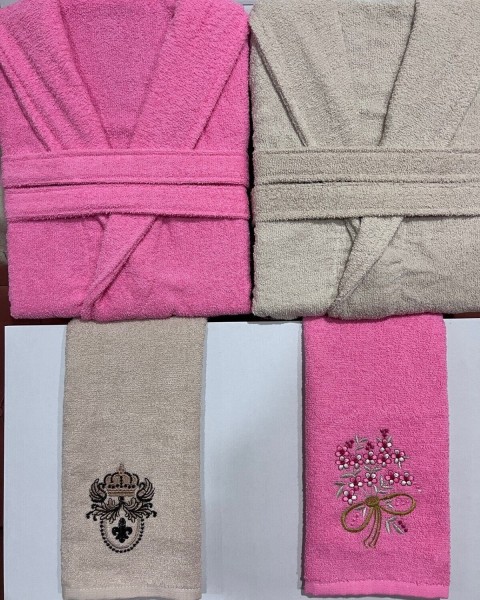Bornoz Setİ aile seti 2 adet bornoz 2 adet el ve baş havlusu bornoz takımı M PEMBE BEJ