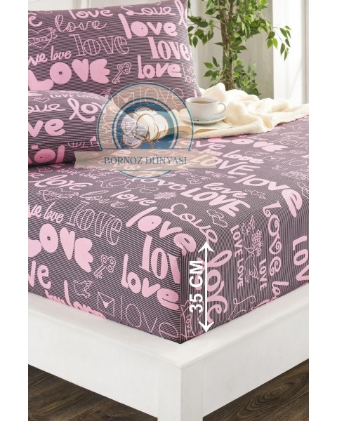 Çift Kişilik lastikli Çarşaf Takımı Yastığı kapaklı 35 cm köşe derinliği Çift Kişilik 160 x 200  love