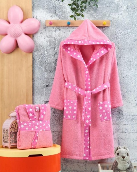 Çocuk Bornozu Kız Bornoz Kapşonlu Şapkalı Bornoz  Unisex PEMBE