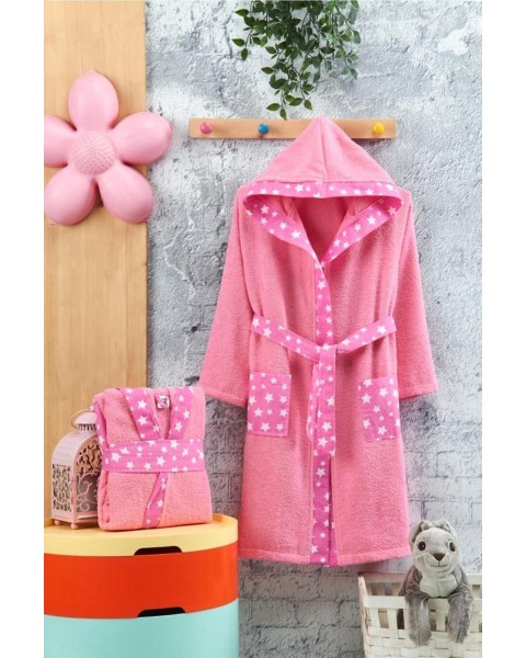 Çocuk Bornozu Kız Erkek Bornoz Kapşonlu Şapkalı Bornoz PEMBE