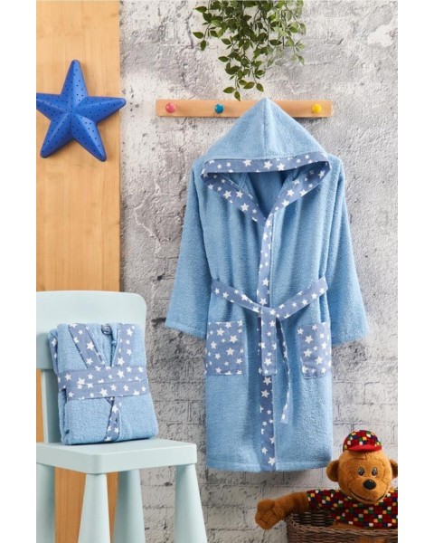 Çocuk Bornozu Kız Erkek Kapşonlu Bornoz %100 Pamuklu MAVİ