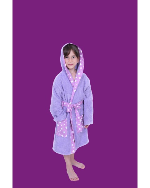 Çocuk Bornozu Kız Erkek Kapşonlu Bornoz %100 Pamuklu Unisex LİLA