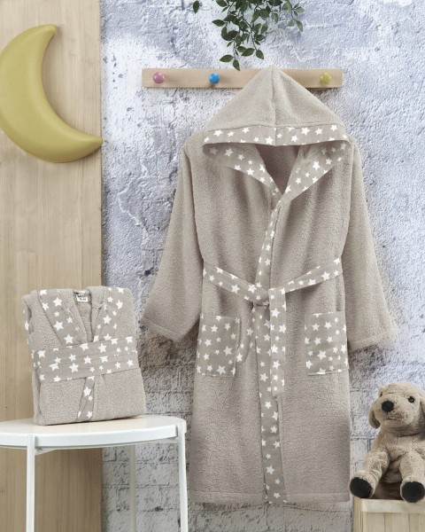 Çocuk Bornozu Kız Erkek Kapşonlu Bornoz %100 Pamuklu Unisex Bej