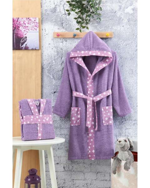 Çocuk Bornozu Kız Erkek Kapşonlu Bornoz %100 Pamuklu Unisex LİLA