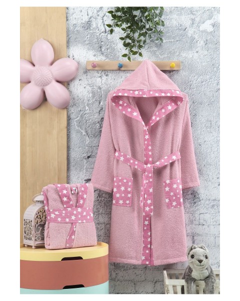 Çocuk Bornozu Kız Erkek Kapşonlu Bornoz %100 Pamuklu Unisex pudra