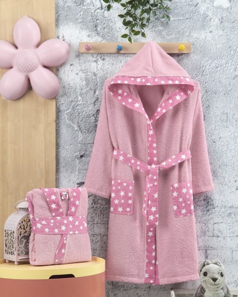 Çocuk Bornozu Kız Erkek Kapşonlu Bornoz %100 Pamuklu Unisex pudra